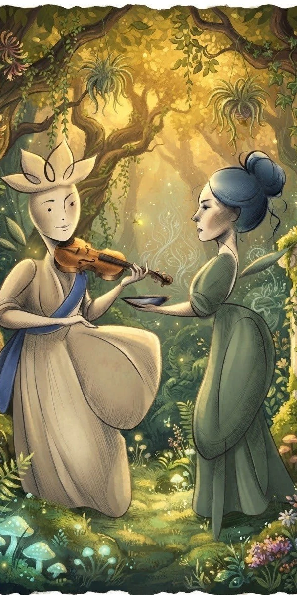 जंगल में वायलिन (पेंटिंग • Fantasy) — फ्री मोबाइल वॉलपेपर