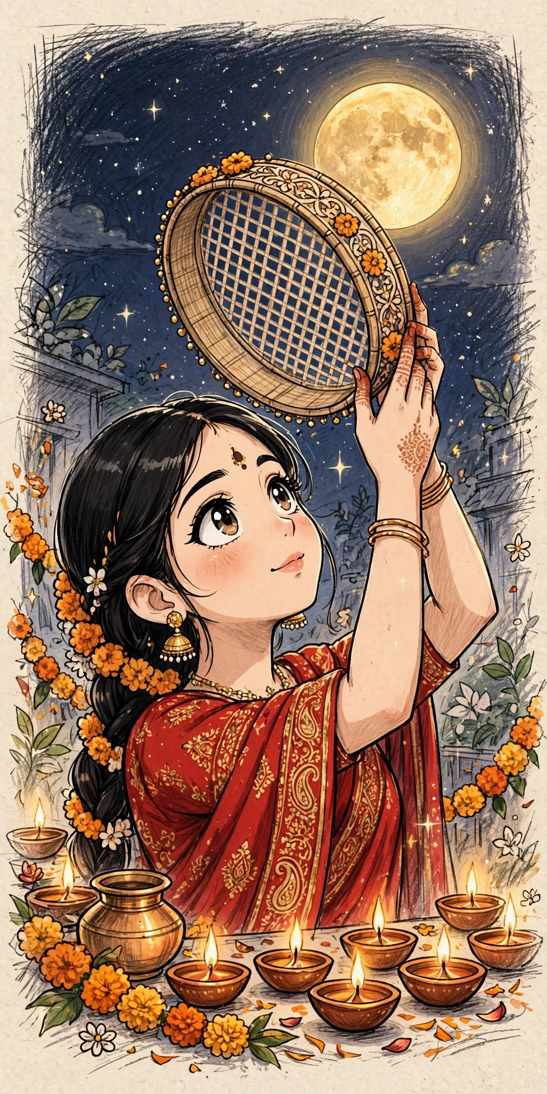 करवा चौथ (त्योहार • Cartoon-Anime-Sketch) — फ्री मोबाइल वॉलपेपर