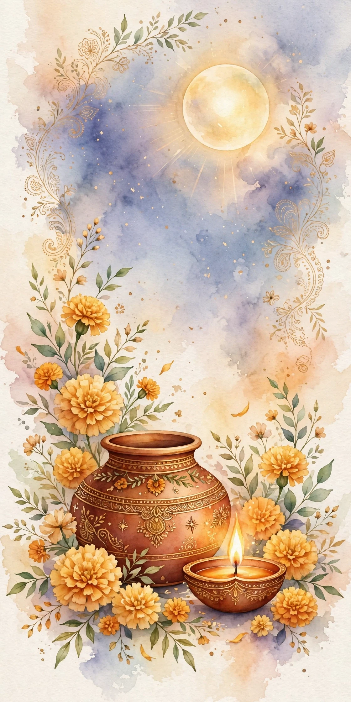 करवा चाँद (त्योहार • Watercolor) — फ्री मोबाइल वॉलपेपर