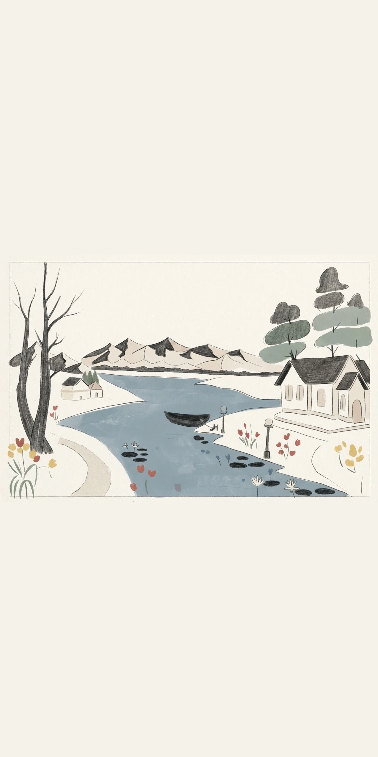 झील किनारे गाँव (प्रकृति • Illustration) — फ्री मोबाइल वॉलपेपर