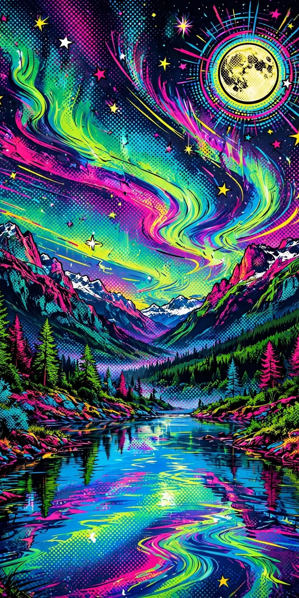 नियॉन अरोरा (प्रकृति • Pop Art) — फ्री मोबाइल वॉलपेपर