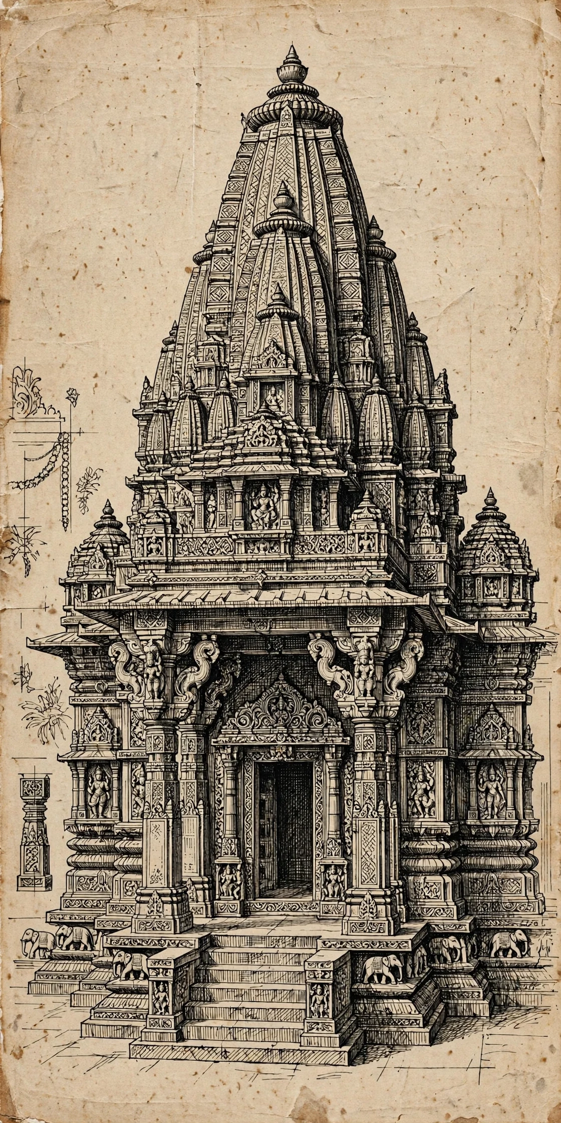 प्राचीन मंदिर (आध्यात्मिक • Ink Sketch) — फ्री मोबाइल वॉलपेपर