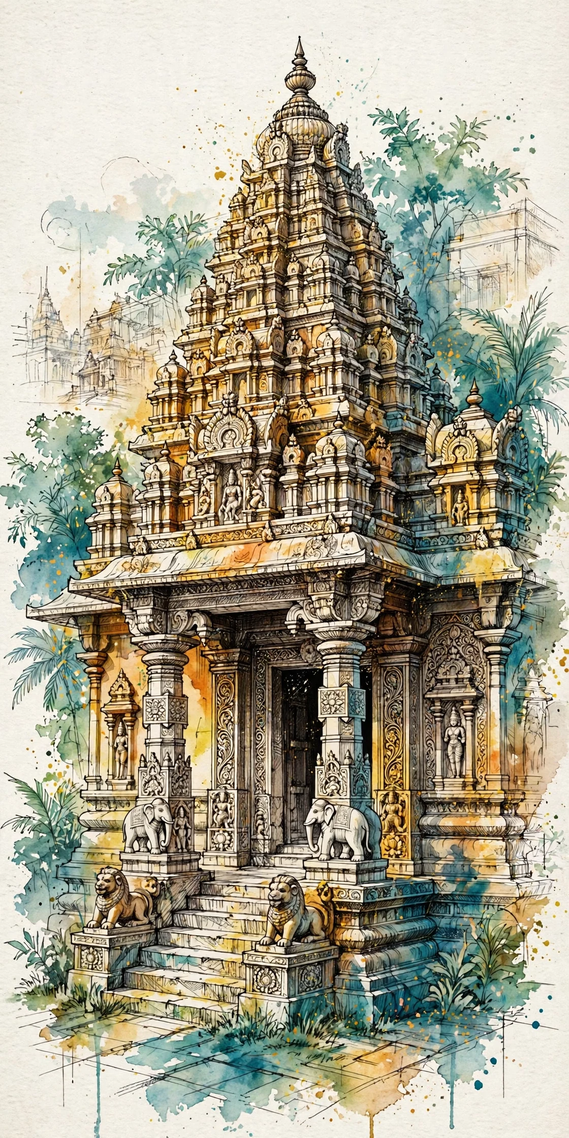प्राचीन मंदिर (रंगीन) (आध्यात्मिक • Watercolor) — फ्री मोबाइल वॉलपेपर