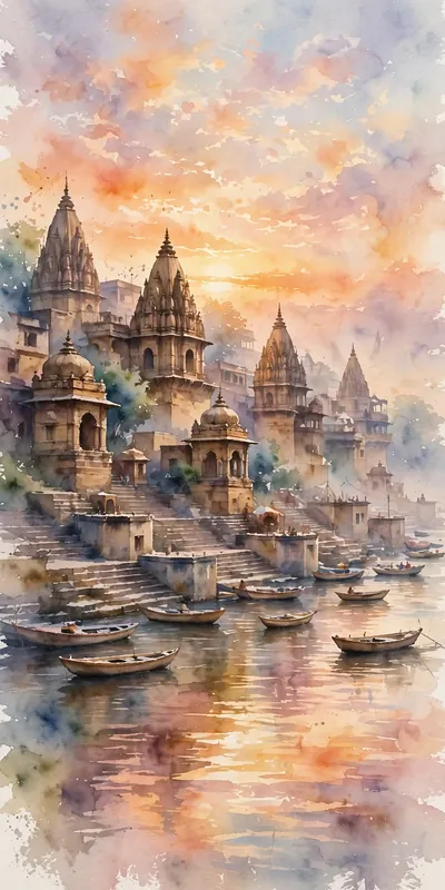 सूर्योदय पर बनारस के घाट, जलरंग चित्र — फ्री मोबाइल वॉलपेपर