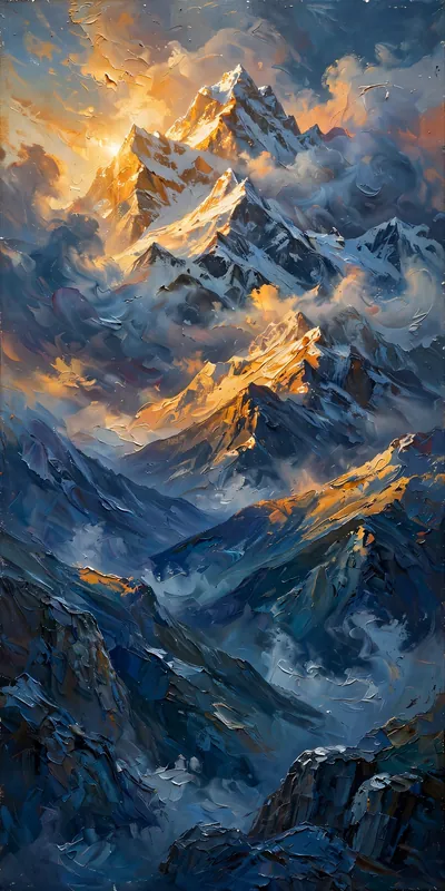 सूर्योदय पर हिमालय शिखर, तैल चित्र — फ्री मोबाइल वॉलपेपर