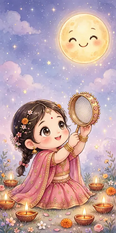करवा चौथ (चिबी) (त्योहार • Chibi) — फ्री मोबाइल वॉलपेपर