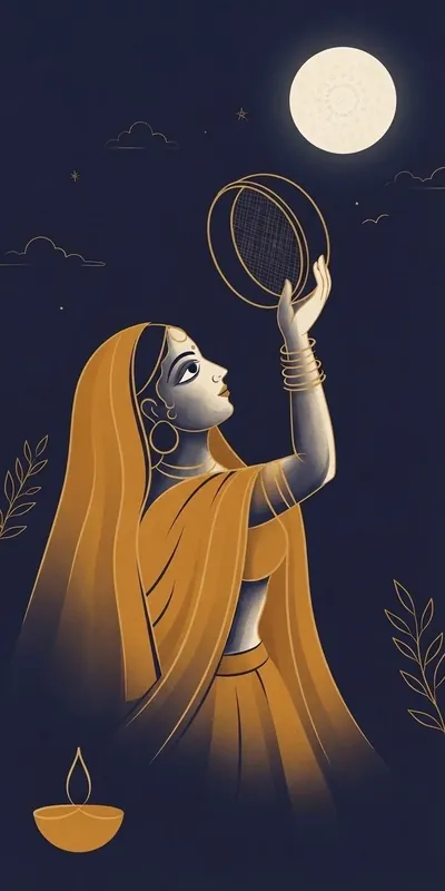 करवा चौथ (सुनहरी) (त्योहार • Illustration) — फ्री मोबाइल वॉलपेपर