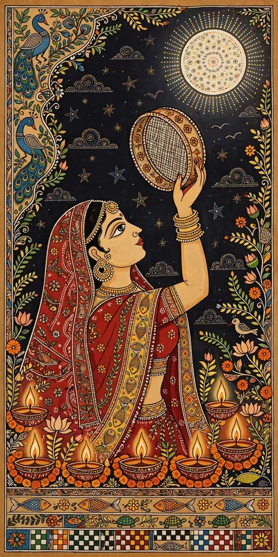 करवा चौथ (मधुबनी) (त्योहार • Madhubani) — फ्री मोबाइल वॉलपेपर