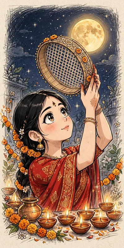 करवा चौथ (त्योहार • Cartoon-Anime-Sketch) — फ्री मोबाइल वॉलपेपर
