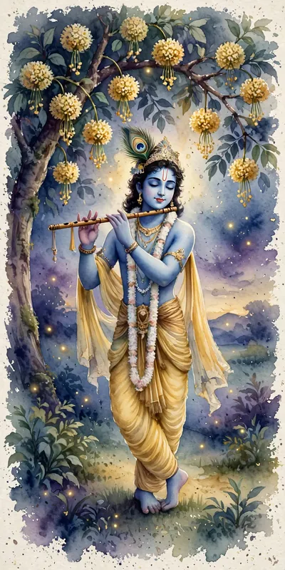 बाँसुरी बजाते कृष्ण, जलरंग चित्र — फ्री मोबाइल वॉलपेपर