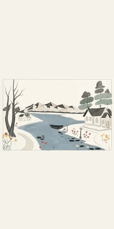 झील किनारे गाँव (प्रकृति • Illustration) — फ्री मोबाइल वॉलपेपर