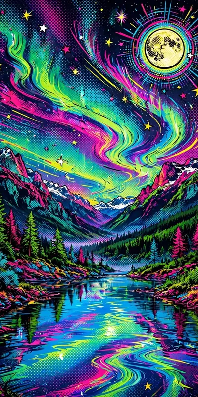 नियॉन अरोरा (प्रकृति • Pop Art) — फ्री मोबाइल वॉलपेपर