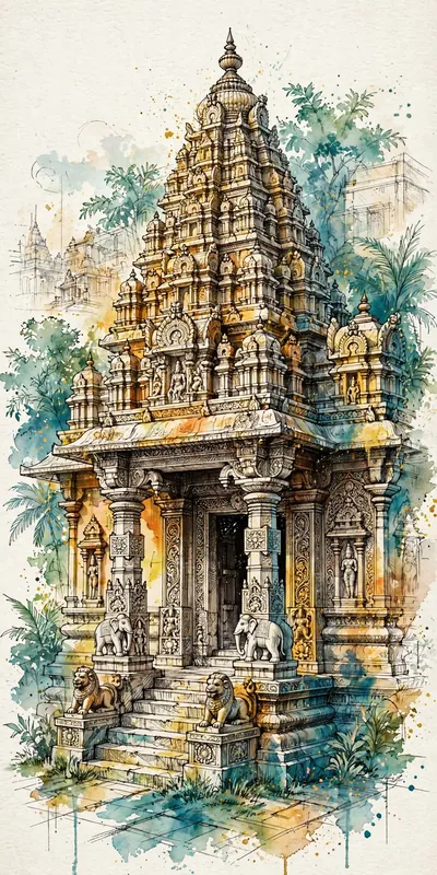 प्राचीन मंदिर (रंगीन) (आध्यात्मिक • Watercolor) — फ्री मोबाइल वॉलपेपर